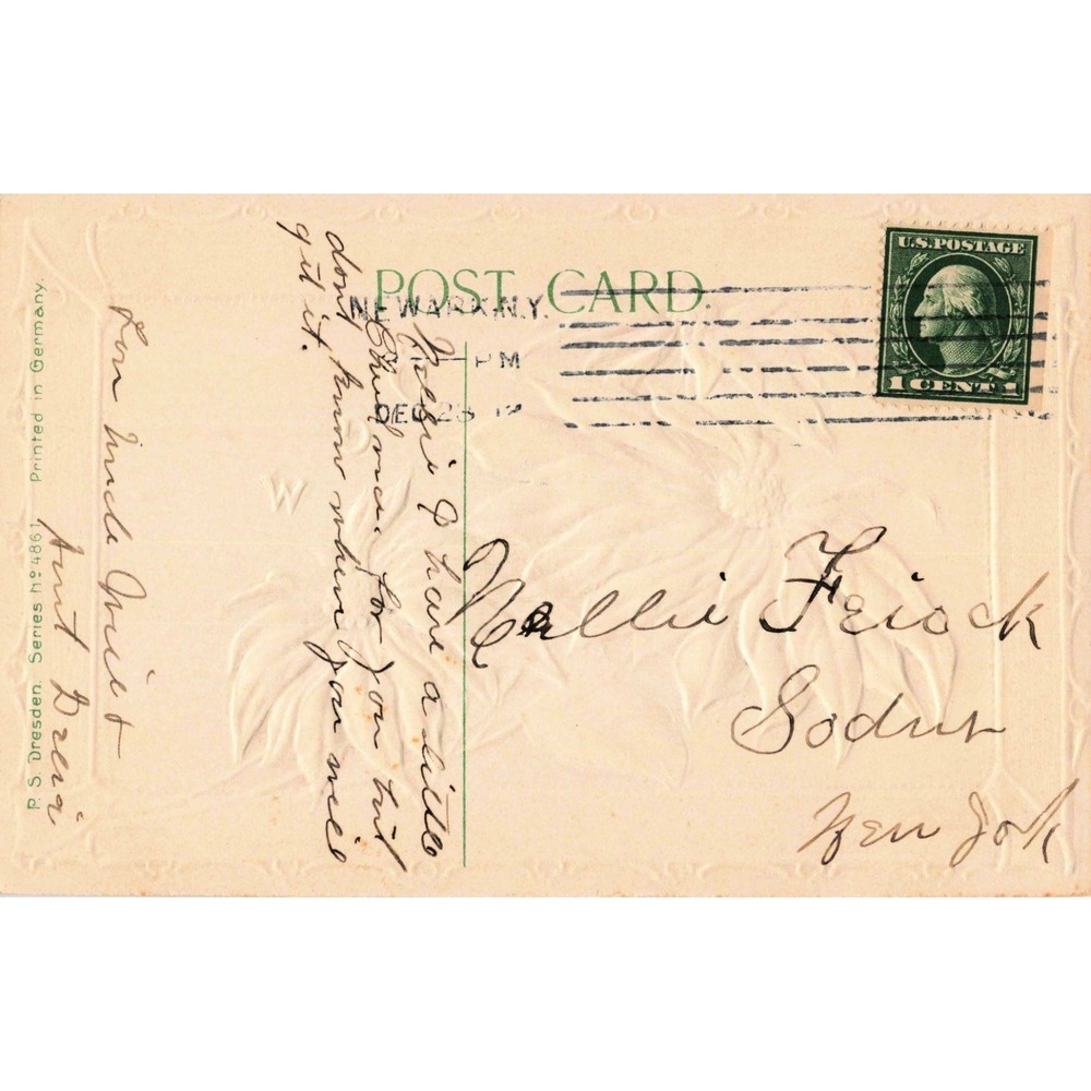 Antique 1911 Christmas Postcard Embossed Poinsettia Holly Horwitz Germany Used - Picture 2 of 2